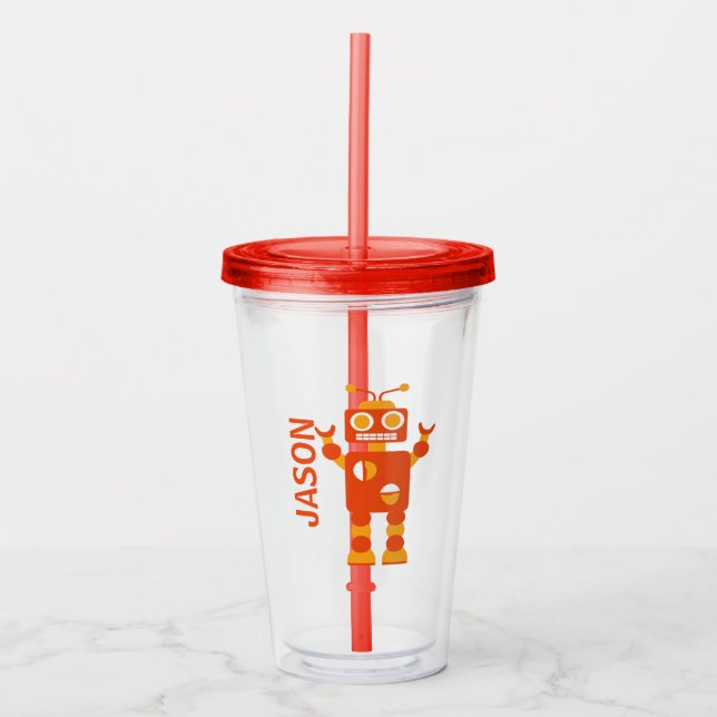 Kinderlustiger orange Roboter-personalisierte Acryltrinkbecher (Vorderseite)