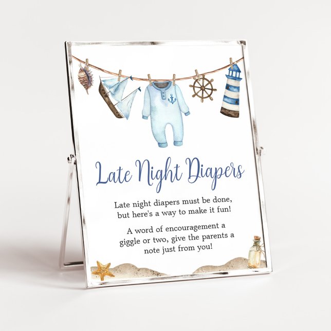 Kindermädchen Ahoy Babydusche Spätabwanderer Poster (Nautical Ahoy Baby Shower Late Night Diapers Sign)