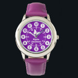 Kindermädchen lila & weiß Ganzname Armbanduhr<br><div class="desc">Kinder der grafischen Kunst sehen mit einem einfachen weißen Schmetterling. Ideal für Kinder,  die lernen,  als Funktionen sowohl Minuten als auch Stunden zu lesen. Passen Sie mit dem Namen Ihres Kindes vollständigen Namen Beispiel liest Katie Jackson.</div>