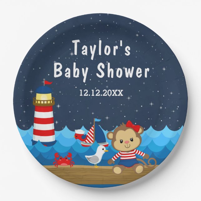 Kindermädchen Rot- und Navy-Baby-Dusche Pappteller (Vorderseite)