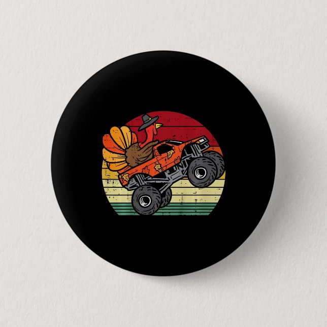 Kindermonster LKW Truthahn Sonnenuntergang Retro T Button (Vorderseite)