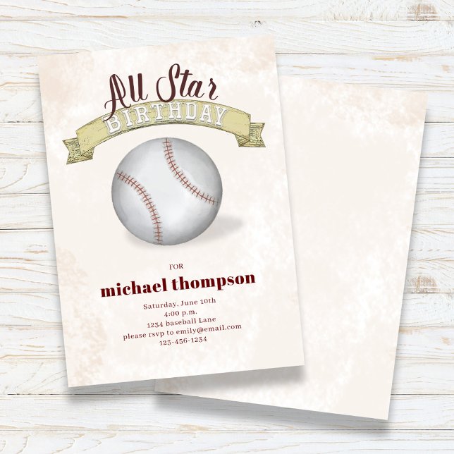 Kinderpartei Vintage Baseball-Sitte Einladung (All Star Birthday Party Custom Invitation.)