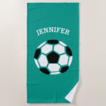 Kinderpersonalisierter Fußball-Ball-Grün-Sport Strandtuch<br><div class="desc">Kinderpersonalisiertes Fußball-Ball-aquamarines Sport-Badetuch. Personifizieren Sie mit Namen im weißen Schriftart über einem Schwarzweiss-Fußbalball der großen geometrischen Art. Fertigen Sie besonders an,  um hellgrünen Hintergrund zu anderer Farbe zu ändern. Vervollkommnen Sie für Fußballfans. www.SamAnnDesigns.com</div>