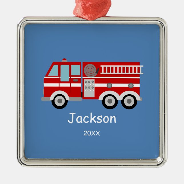 Kinderpersonalisiertes rotes Feuer-LKW-Weihnachten Ornament Aus Metall (Vorne)