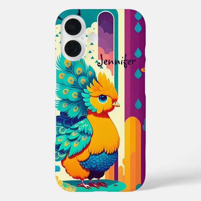 Kinderpfauendesign mit individuelle Name iPhone 16 Hülle (Rückseite)