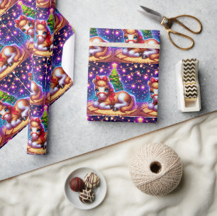 Kinderpferd, das nach Weihnachtsbaum ruht Geschenkpapier
