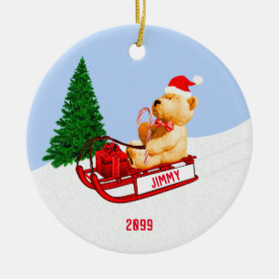 Kinderschuh Teddy Bär auf Schlitten w Gegenwart Keramik Ornament