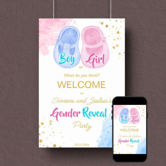Kinderschuhe Junge oder Mädchen Geschlecht zeigen  Poster (Gender reveal party welcome sign template poster instant download pink and blue baby shoe gold)