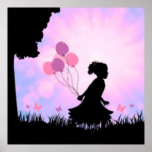 Kindersilhouette Ballons Schmetterlinge Wandkunst Poster