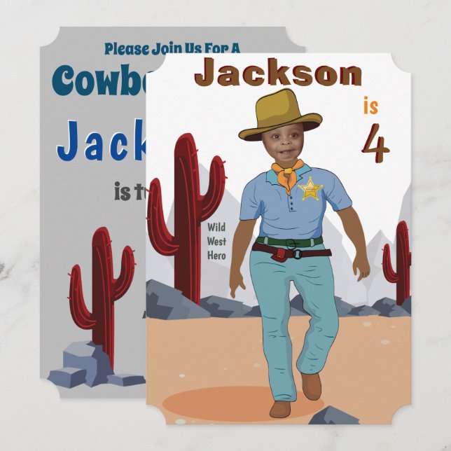 Kinderspezifische Sheriff Cowboy-Fotovorlage Einladung (Vorne/Hinten)