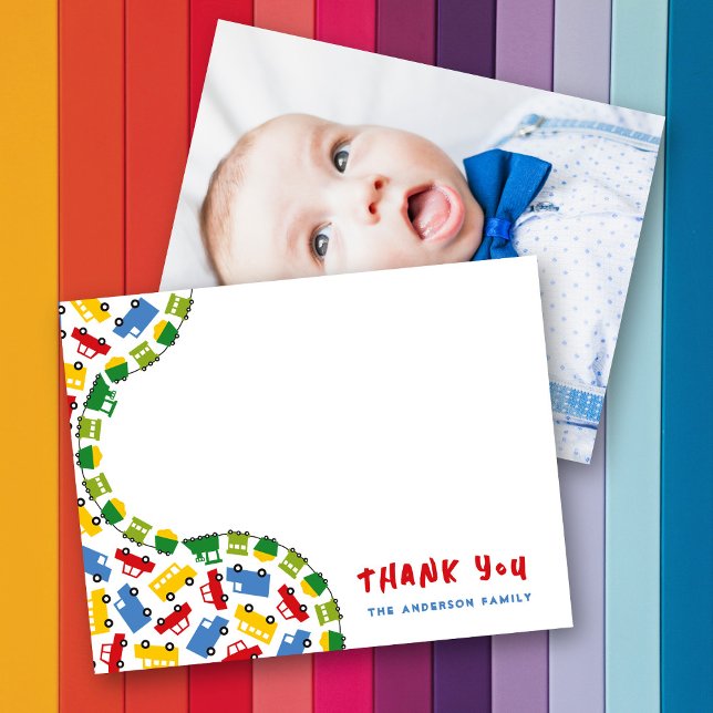 Kinderspielzeug farbenfroher Autoverkehr & Train B Dankeskarte (Boy's Toys Colorful TRnsport Car Bus Truck & Train Baby Boy Photo Thank You Card @ fatfatin_mini_me)