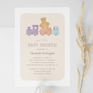 Kinderspielzeug und niedlicher Bär. Geschlechtsneu Einladung