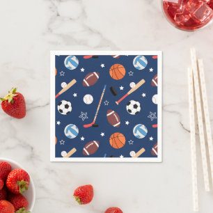 Kindersportgeräte-Muster auf Blue Birthday Serviette