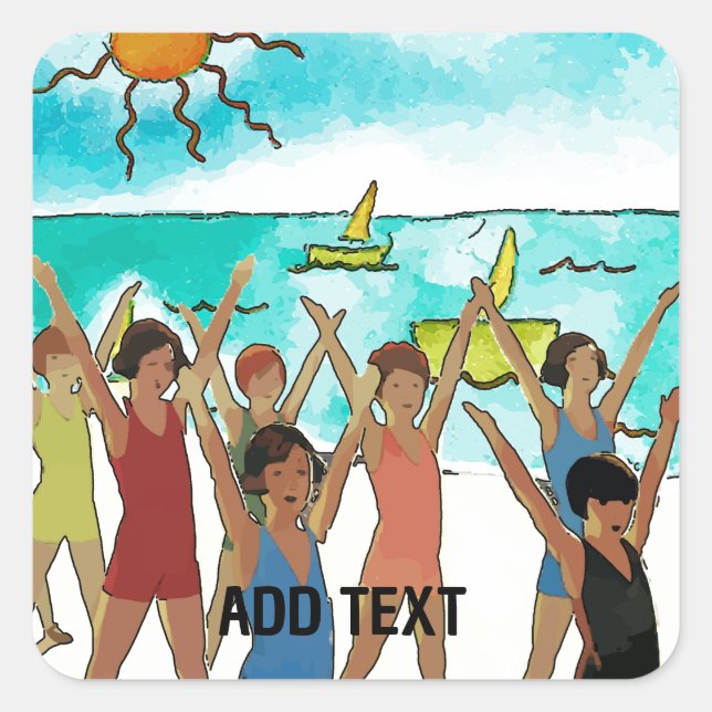 Kinderübung am Strand Quadratischer Aufkleber (Vorderseite)