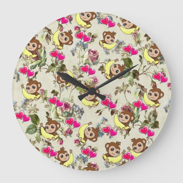 Kinderuhr, Affenbananen rosa Herzen Große Wanduhr (Vorderseite)