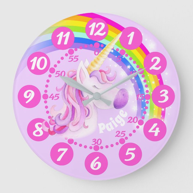 Kinderuhr für Einhorn- und Regenbogen, lila, rosa Große Wanduhr (Vorderseite)