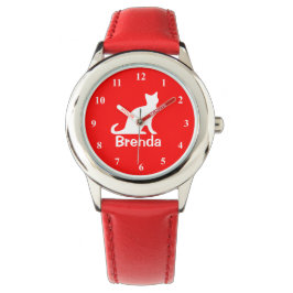 Kinderuhr mit weißer Katze | Anpassbarer Name des  Armbanduhr