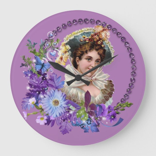 Kinderuhr, Viktorianische Lila Blume Große Wanduhr (Vorderseite)