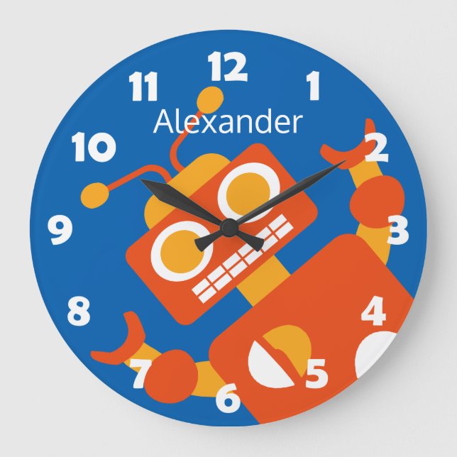 Kinderverrückter orange Roboter-personalisiertes Große Wanduhr (Vorderseite)