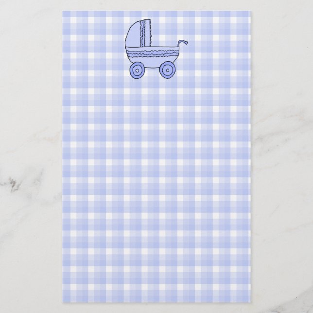 Kinderwagen. Hellblau auf Karo-Muster Briefpapier (Vorderseite)