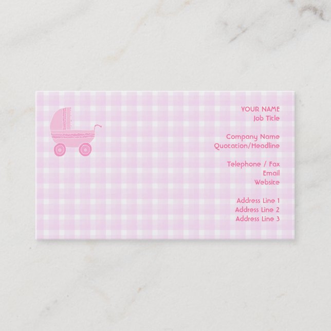 Kinderwagen. Hellrosa auf rosa Gingham Visitenkarte (Vorderseite)