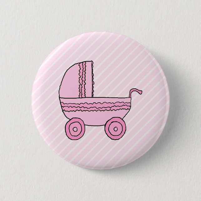Kinderwagen. Rosa auf hellrosa Streifen Button (Vorderseite)