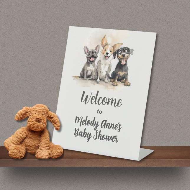 Kinderwagen Schwanz Kinderwagen Kinderdusche Begrü Sockelschild (Puppy Dog Tails Baby Shower Welcome Pedestal Sign for Baby Boy Show with Mom's Name, Watercolor Pups)