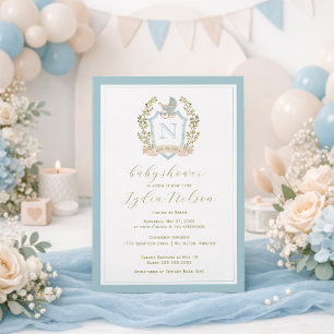 Kinderwagen-Wappen-Monogramm   Blaue Babyparty Einladung