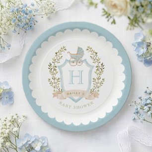 Kinderwagen-Wappen-Monogramm Blaue Babyparty Pappteller