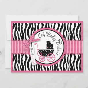 Kinderwagen, Zebra-Druck u. Pink-Babyparty Einladung