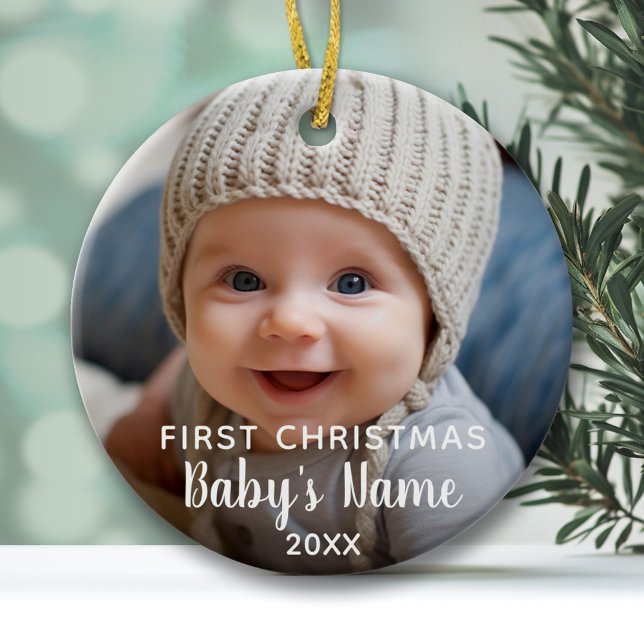Kinderweihnachtsfest - Moderne Kalligraphie Keramik Ornament (Baby's First Christmas Ornament with Photo and Modern Type)