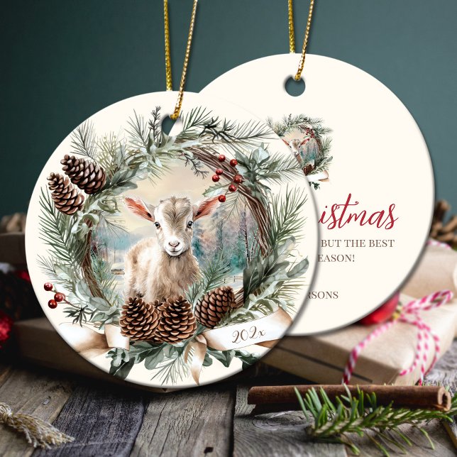 Kinderziegenfarm Weihnachtspinecone Kranz Keramik Ornament (Baby goat farm animal Christmas pinecone wreath Ceramic Ornament)