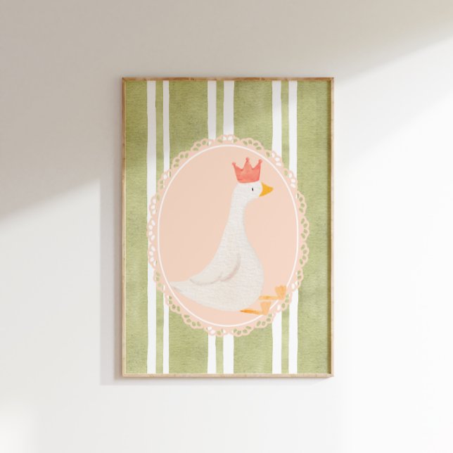 Kinderzimmer "Albern Gänse grün" drucken Poster (A a goose wearing a crown against green-and-white stripes in a gold frame.)