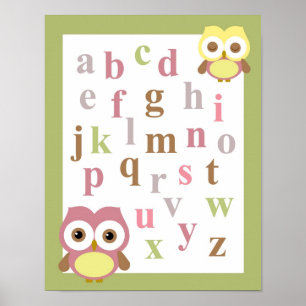 Kinderzimmer-Alphabet Babymädchen Uhu-Wandkunst Poster