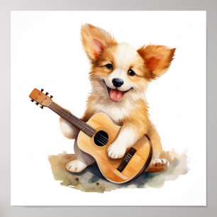 Kinderzimmer Art Poster Welpe mit Gitarre