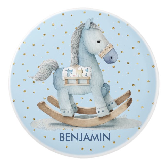 Kinderzimmer Baby Blue Rocking Horse Name Drawer Keramikknauf (Vorderseite)
