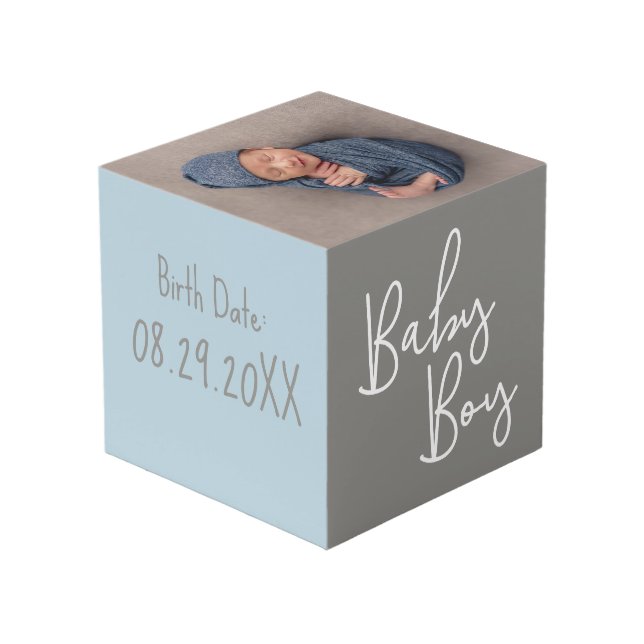 Kinderzimmer Baby Foto Geburtsdatum Blau Würfel (Rückseite Schrägansicht)