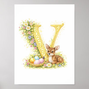 Kinderzimmer Buchstabe V Baby Rehkitz Initial Gold Poster