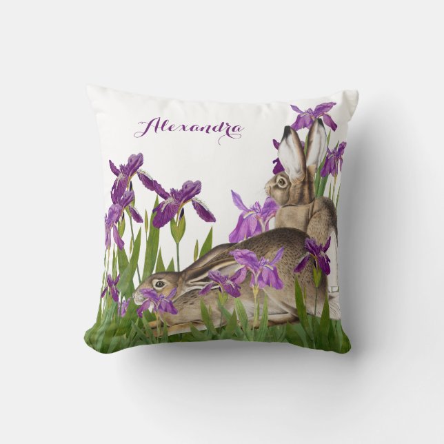 Kinderzimmer Bunny Rabbit Lila Iris Floral Kissen (Vorderseite)
