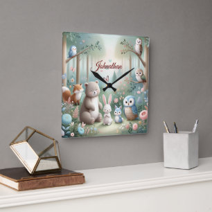 Kinderzimmer Deco, Forest Niedlicher Tiere - Indiv Quadratische Wanduhr