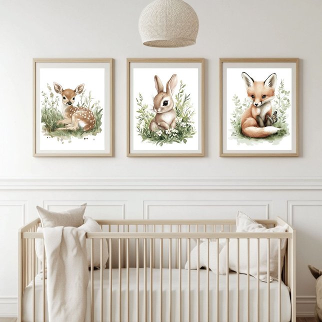 Kinderzimmer-Dekoration von Watercolor Woodland Ba Bilderwand Sets (Charming woodland animal prints add a touch of nature and warmth to any nursery or children's room)