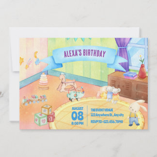 Kinderzimmer mit Kinderspielzeug Geburtstag Einladung