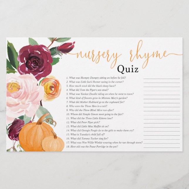 Kinderzimmer-Quiz Herbst Blumenkürbis Babydusche (Vorderseite)
