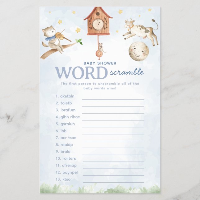 Kinderzimmer Rhyme Baby Dusche Word Scramble Game Flyer (Vorne)