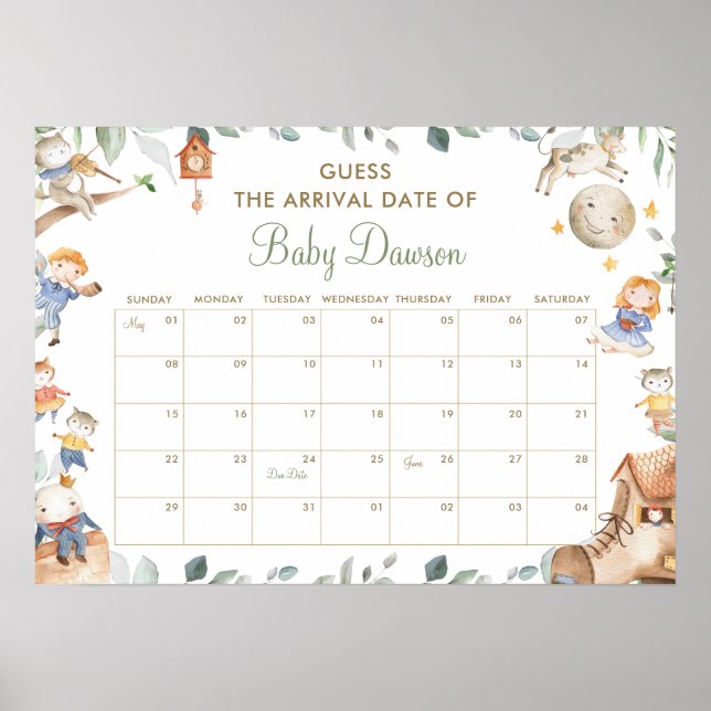 Kinderzimmer Rhyme Guess Baby Ankunft Datum Duschs Poster (Vorne)
