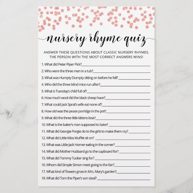 Kinderzimmer Rhyme Quiz Baby Showspiel mit Antwort (Vorderseite)