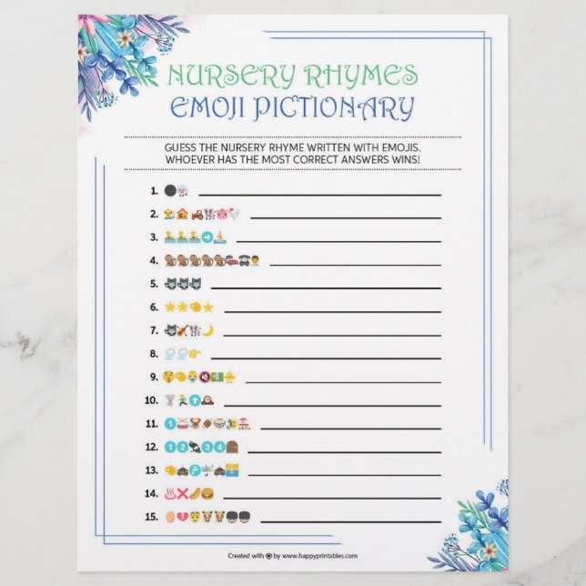 Kinderzimmer Rhymes Emoji Pictionary [Blauflorale] Briefbogen (Vorderseite)