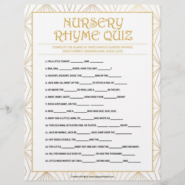 Kinderzimmer Rhymes Quiz [Goldene Linien] Briefbogen (Vorderseite)