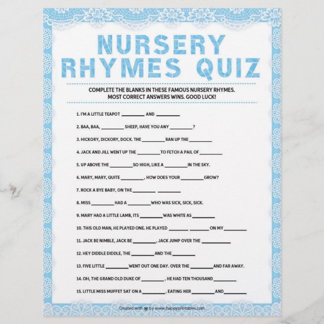 Kinderzimmer Rhymes Quiz [Luxury Lace [blau] Briefbogen (Vorderseite)