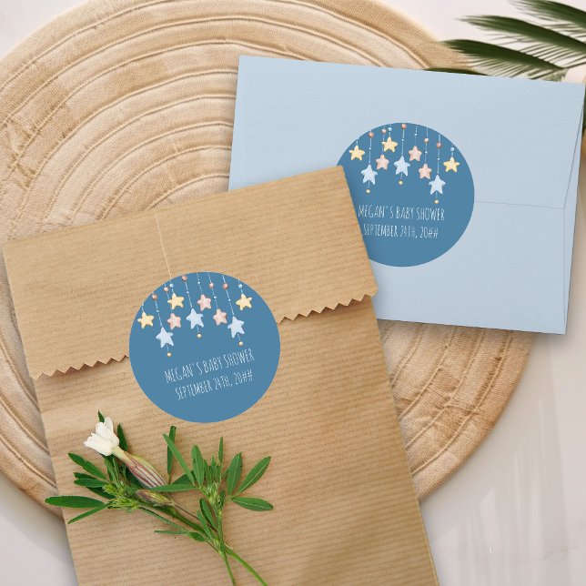 Kinderzimmer Stars Blue Personalisiert Baby Dusche Runder Aufkleber (Blue Stickers from my Twinkle Twinkle baby shower collection)